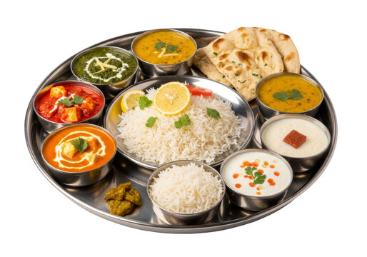 colorful indian thali platter with rice and naan on metal plate