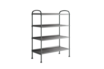 Four-shelf metal rack with curved top on a dark background