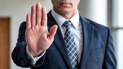 A formally dressed man extends his hand in a stopping gesture conveying a firm message of denial or prohibition within an office environment