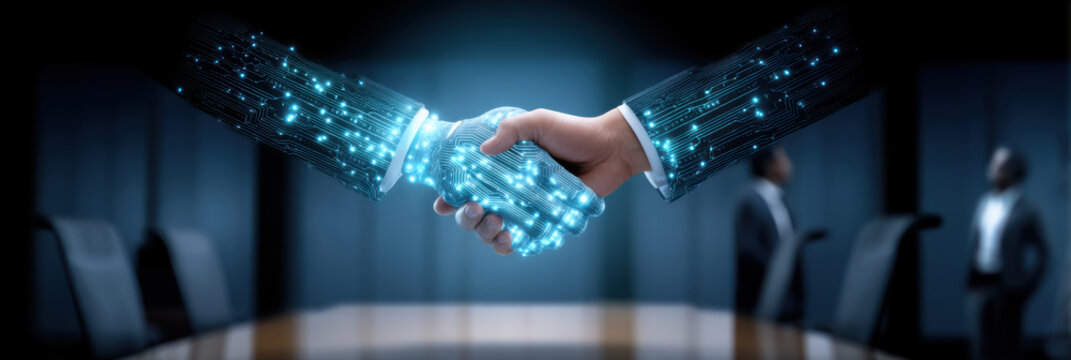 Successful business handshake representing future digital technology partnership deal - Powered by Adobe