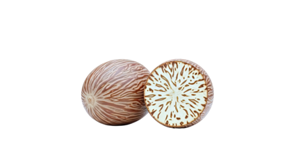 Whole and Halved Betel Nut on White Background