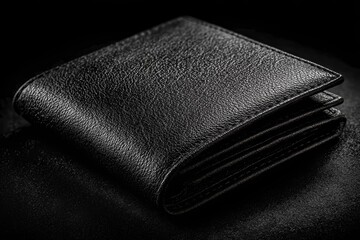 Sleek Black Wallet: A close-up view of a new, textured black leather wallet against a dark backdrop, emphasizing sophistication and style.