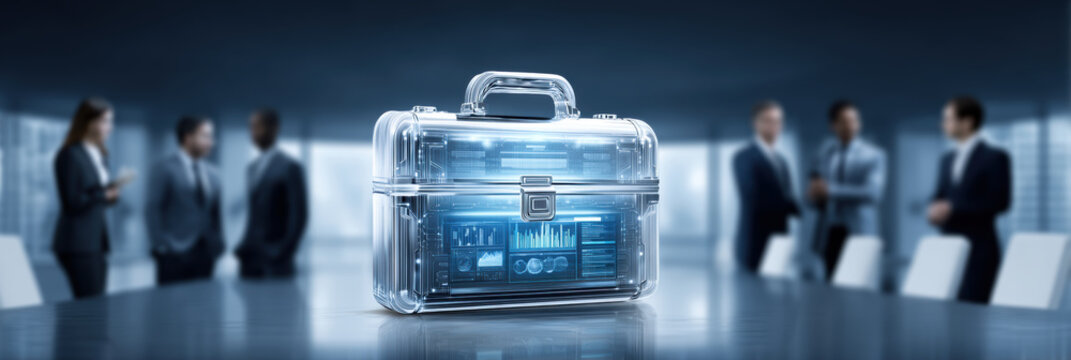Glowing futuristic business briefcase displaying success and technology in corporate office - Powered by Adobe