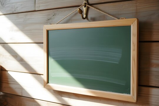 Hanging green chalkboard on wooden wall - Powered by Adobe