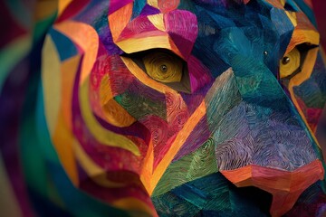 Obraz premium Colorful Origami Tiger Head Design with Bright Swirling Patterns Representing Nature s Power and Beauty in a Vibrant Artistic Expression