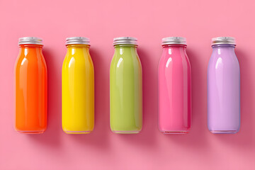 Colorful Smoothie Bottles Set on Pink Background for Healthy Drinks Branding