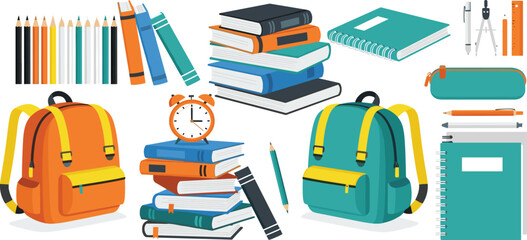 Colorful back to school education set with backpacks books notebooks pencils and alarm clock isolated on white background for learning design