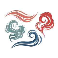 Fototapeta premium Stylized abstract elements depicting smoke, wind, or water currents in various colors and flowing shapes on a white background.