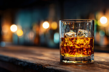 Whiskey Glass with Ice on Wooden Bar Table and Blurred Bar Background