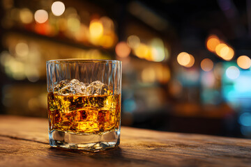 Whiskey Glass with Ice on Wooden Bar Table and Blurred Bar Background