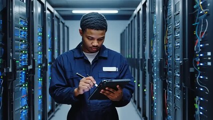 Technician monitoring data servers while recording information in a high-tech server room environment - Powered by Adobe