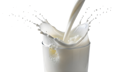 Dynamic capture of fresh white milk pouring rapidly into a clear glass, creating a dramatic and energetic splash effect