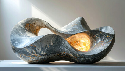Abstract Marble Sculpture With Illuminated Core: Fluid Curves And Warm Glow For Modern Interiors.