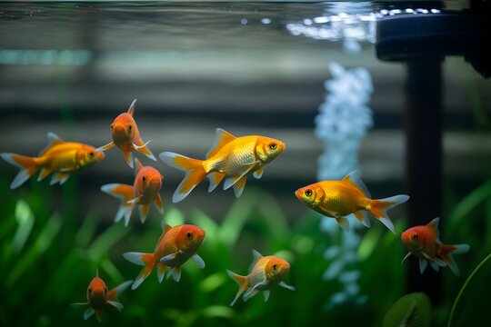 School of golden fish in aquarium