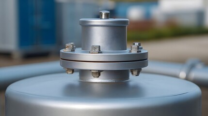 Close up of a silver metal valve assembly with bolts and flange attached to a large industrial tank