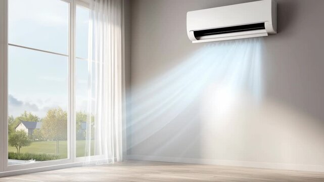 An air conditioner unit is mounted on a wall. It is positioned above the ground, with a window visible in the background