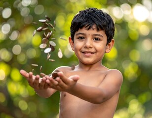Young boy smiles as coins fall into his outstretched hands