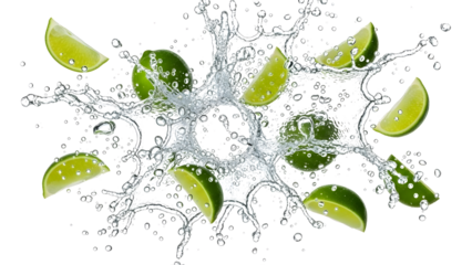 Vibrant green lime slices and whole fruits explode outwards amidst a dynamic splash of crystal clear refreshing water droplets