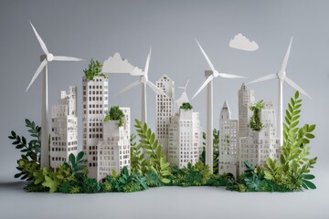 Eco-friendly cityscape with greenery, wind turbines, and buildings made from paper art showcasing sustainable urban living and nature conservation practices