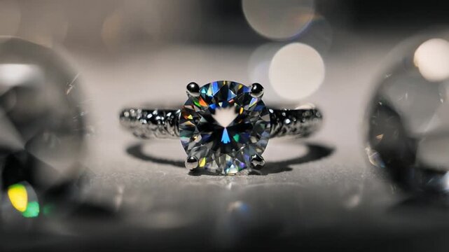 A close-up image of a radiant, clear-cut gemstone ring. Ring sits on a textured surface