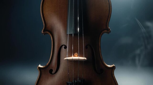 A detailed image of a violin, showcasing the body, strings, and f-holes, with a dark backdrop
