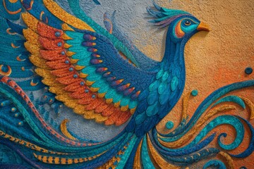 Vibrant and Artistic Representation of a Majestic Phoenix with Colorful Feathers Against a Blue and Orange Background