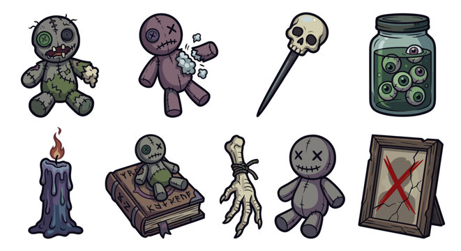 Vector set of voodoo magic items including cursed rag dolls, spellbook, melting candle, jar of eyes, skull pin, and chicken foot for occult ritual illustration.