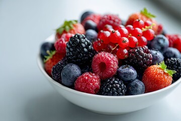 Minimalist composition of a clean bowl of vibrant fruit/berries, emphasizing the color and texture (mindful eating focus), bright natural light, ultra-detailed, 8k,