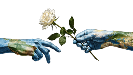 Two Gloved Hands Holding a White Rose with Earth Map