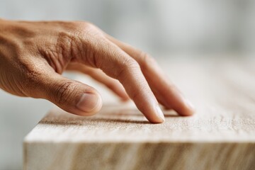 a clean hand gently resting on a clean, smooth piece of wood/stone (tactile focus), sensory mindfulness, grounding touch, soft focus, high key,