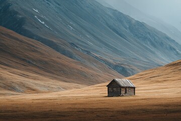 A clean, single, traditional wooden hut/cabin isolated in a vast, open mountain bowl beneath an overwhelming mountain, wilderness, remote living, HDR, cinematic,