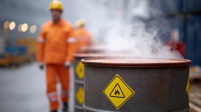 Industrial barrels with flammable hazard symbols emitting steam with workers in protective gear in the background