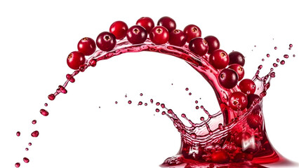 Dynamic splash of fresh, ripe cranberries captured mid-air amidst rich, vibrant red juice explosion for advertising concepts.