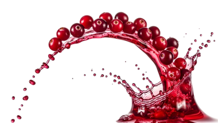 Dynamic splash of fresh, ripe cranberries captured mid-air amidst rich, vibrant red juice explosion for advertising concepts.