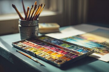 Colorful watercolor palette and brushes on a table with a finished landscape sketch, soft light, gentle mood, photorealistic, cinematic lighting, 8k,