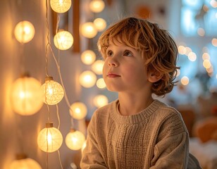 Young child gazing upwards at string lights, warm tones