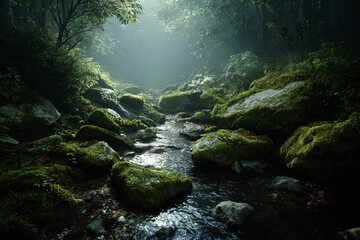 Wet, moss-covered rocks in a stream flowing through a dense misty forest, cool moist atmosphere, photorealistic, cinematic lighting, 8k,