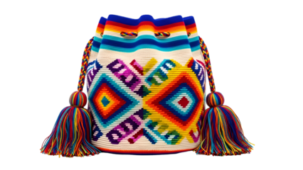 Colorful Woven Tote Bag with Geometric Patterns and Tassels