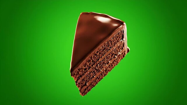 Delicious slice of layered chocolate cake isolated on vibrant green background.
