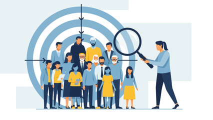 Diverse group of people being analyzed through a magnifying glass in a modern illustration