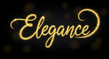 Elegant word elegance written in sparkling golden glitter on a dark background