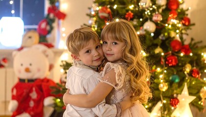 Young children embrace in front of a brightly lit Christmas tree