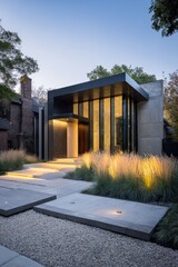 Obraz premium Ultra-Modern Front Porch with Vertical Glass Panels and Black Aluminum Frame