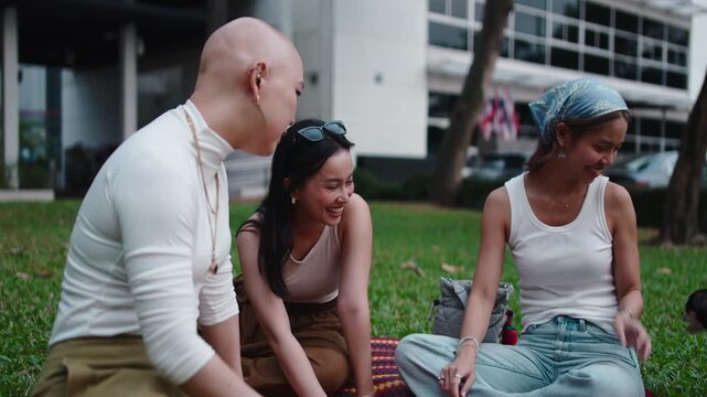 Diverse friends sitting on the grass enjoying a picnic with a dog