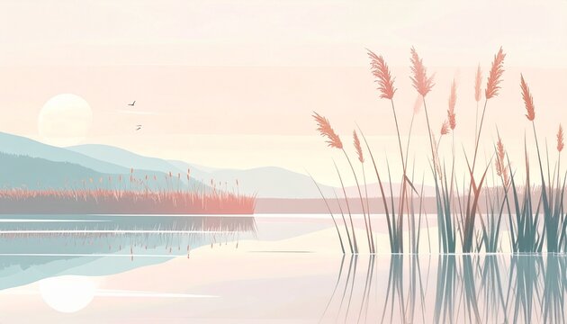 Serene lakeside landscape illustration with tall reeds at sunrise or sunset in soft pastel colors