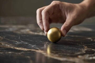 clean hands (focused detail) gently placing a single, perfect golden object (focused on the contrast) onto a dark, rich, textured marble surface, contrast, detail focus,