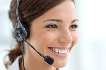 Clean, vibrant, high-key photo of a person smiling while wearing a clean, simple headset/earpiece, customer support, listening, hyperrealism, 16K,