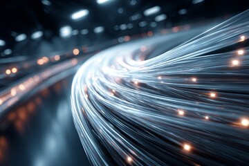 A clean, long exposure shot of the clean, fluid movement of abstract light trails rushing through an ethernet cable bundle (representing data flow), throughput, pure ener