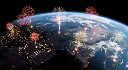Spectacular fireworks illuminate the earth at night from space celebrating a global event