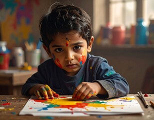 Young child with paint on face, hands, and clothes, focused on art